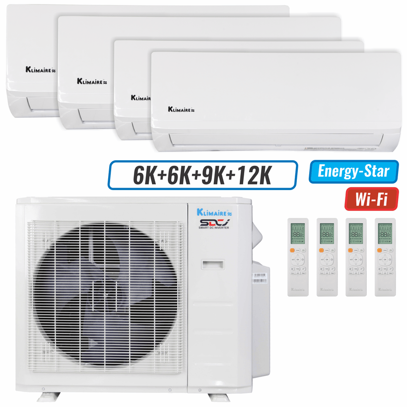 Klimaire 26,000 BTU 4-Zone Wall Mounted Mini Split Heat Pump | 23 SEER2 | 6k + 6k + 9k + 12k | R454B
