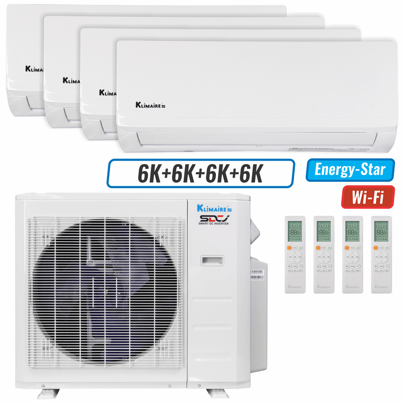 Klimaire 27,000 BTU 4-Zone Hyper Heat Wall Mounted Mini Split Heat Pump | 21 SEER2 | 6k + 6k + 6k + 6k  | R454B