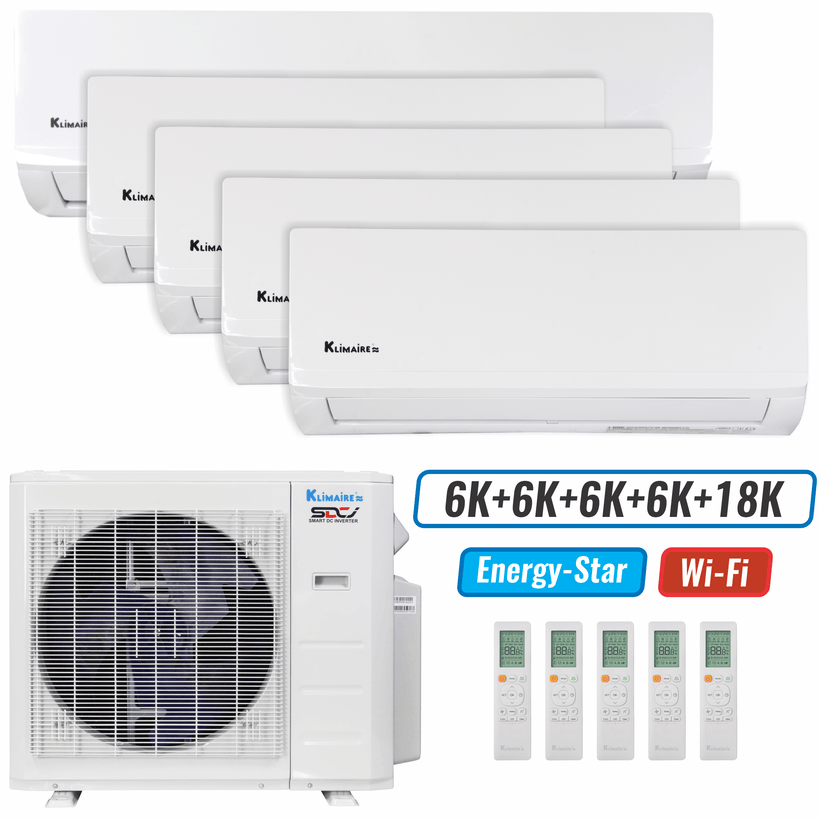 Klimaire 35,000 BTU 5-Zone Wall Mounted Mini Split Heat Pump | 23.1 SEER2 | 6k + 6k + 6k + 6k +18k | R454B