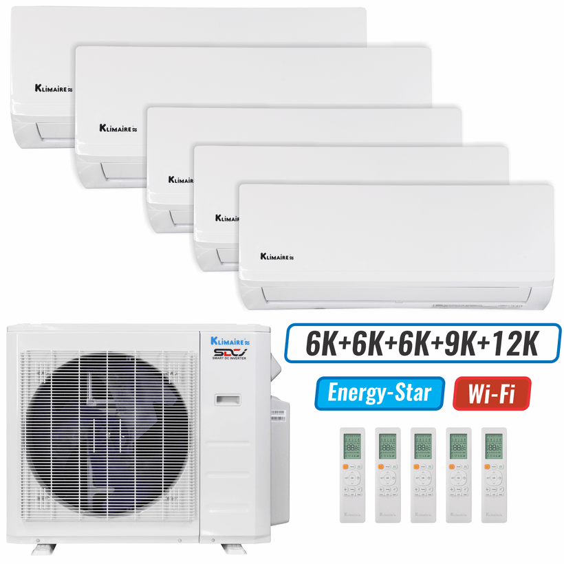 Klimaire 35,000 BTU 5-Zone Wall Mounted Mini Split Heat Pump | 23.1 SEER2 | 6k + 6k + 6k + 9k +12k | R454B
