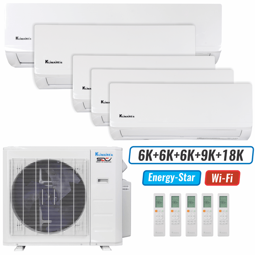 Klimaire 35,000 BTU 5-Zone Wall Mounted Mini Split Heat Pump | 23.1 SEER2 | 6k + 6k + 6k + 9k +18k | R454B