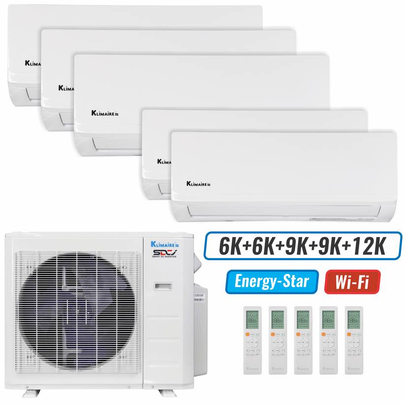 Klimaire 35,000 BTU 5-Zone Wall Mounted Mini Split Heat Pump | 23.1 SEER2 | 6k + 6k + 9k + 9k +12k | R454B