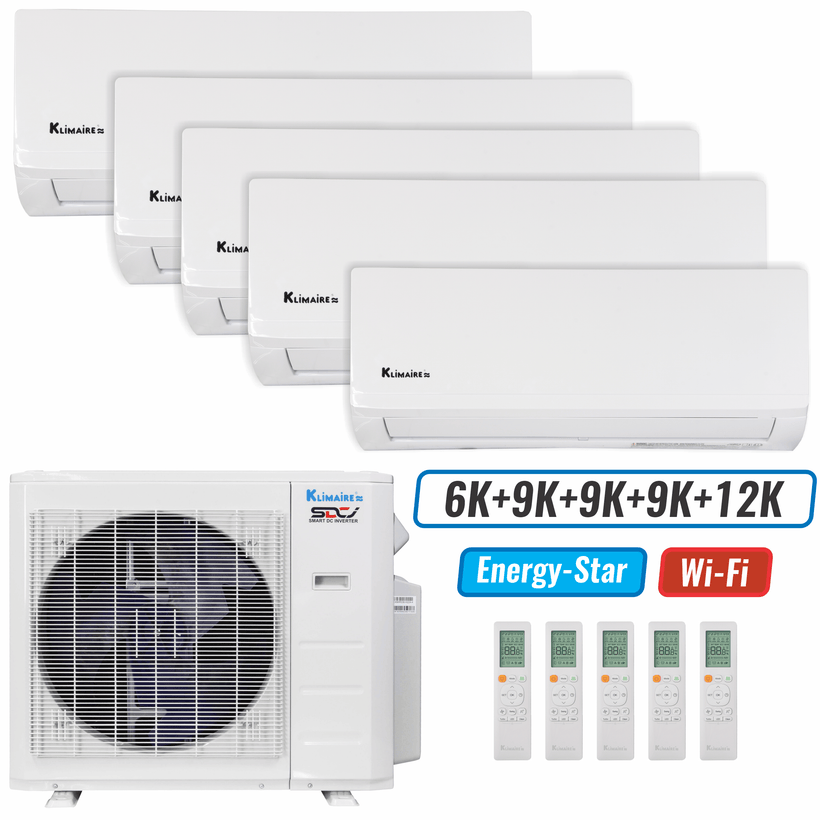 Klimaire 35,000 BTU 5-Zone Wall Mounted Mini Split Heat Pump | 23.1 SEER2 | 6k + 9k + 9k + 9k +12k | R454B