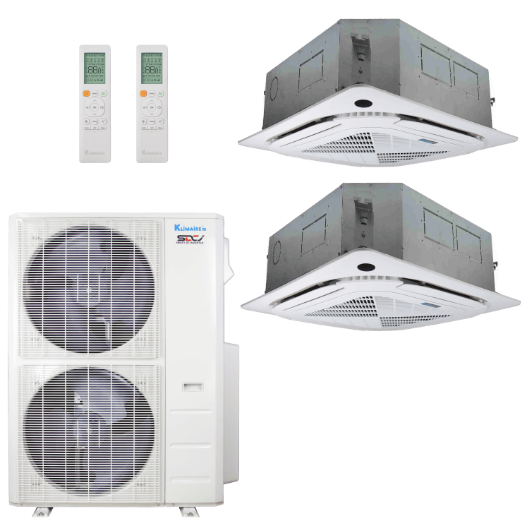 Klimaire 45,000 BTU 2-Zone Regular Heat Ceiling Cassette Mini Split Heat Pump | 24 SEER2 | 12k + 18k | R454B | KMIR