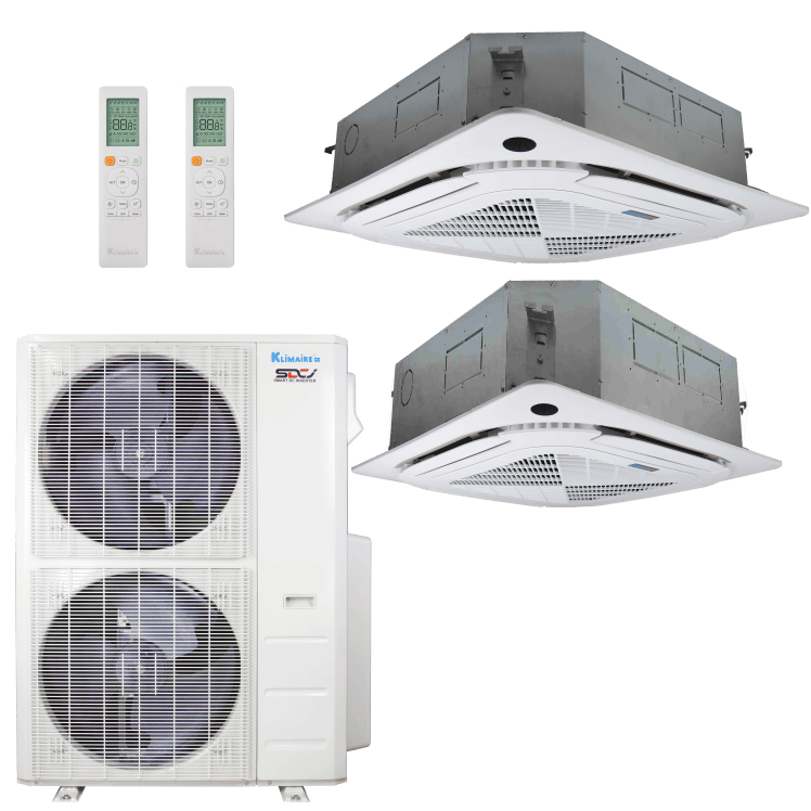 Klimaire 60,000 BTU 2-Zone Regular Heat Ceiling Cassette Mini Split Heat Pump | 19.2 SEER2 | 12k + 24k | R454B