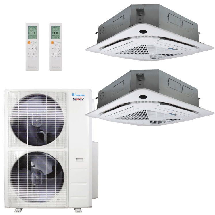 Klimaire 45,000 BTU 2-Zone Regular Heat Ceiling Cassette Mini Split Heat Pump | 24 SEER2 | 24k + 24k | R454B | KMIR