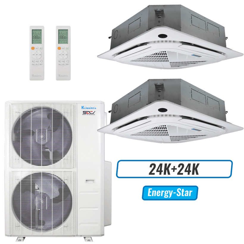 Klimaire 45,000 BTU 2-Zone Ceiling Cassette Mini Split Heat Pump | 24 SEER2 | 24k + 24k | R454B