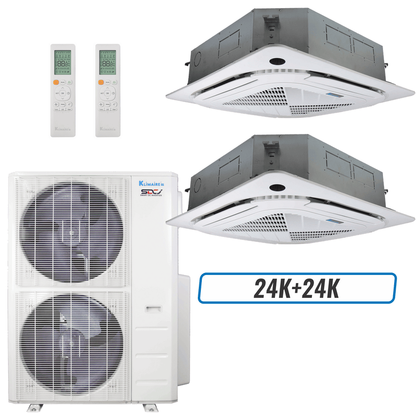 Klimaire 60,000 BTU 2-Zone Ceiling Cassette Mini Split Heat Pump | 19.2 SEER2 | 24k + 24k | R454B