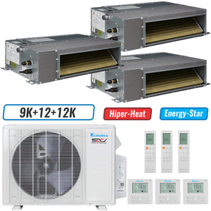 Klimaire 19,000 BTU 3-Zone Hyper Heat Ducted Recessed Mini Split Heat Pump | 20 SEER2 | 9k + 12k + 12k | R454B