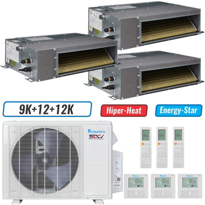 Klimaire 19,000 BTU 3-Zone Hyper Heat Ducted Recessed Mini Split Heat Pump | 20 SEER2 | 9k + 12k + 12k | R454B