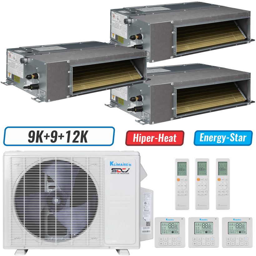Klimaire 19,000 BTU 3-Zone Hyper Heat Ducted Recessed Mini Split Heat Pump | 20 SEER2 | 9k + 9k + 12k | R454B