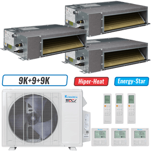 Klimaire 19,000 BTU 3-Zone Hyper Heat Ducted Recessed Mini Split Heat Pump | 20 SEER2 | 9k + 9k + 9k | R454B