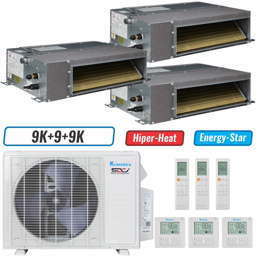 Klimaire 19,000 BTU 3-Zone Hyper Heat Ducted Recessed Mini Split Heat Pump | 20 SEER2 | 9k + 9k + 9k | R454B