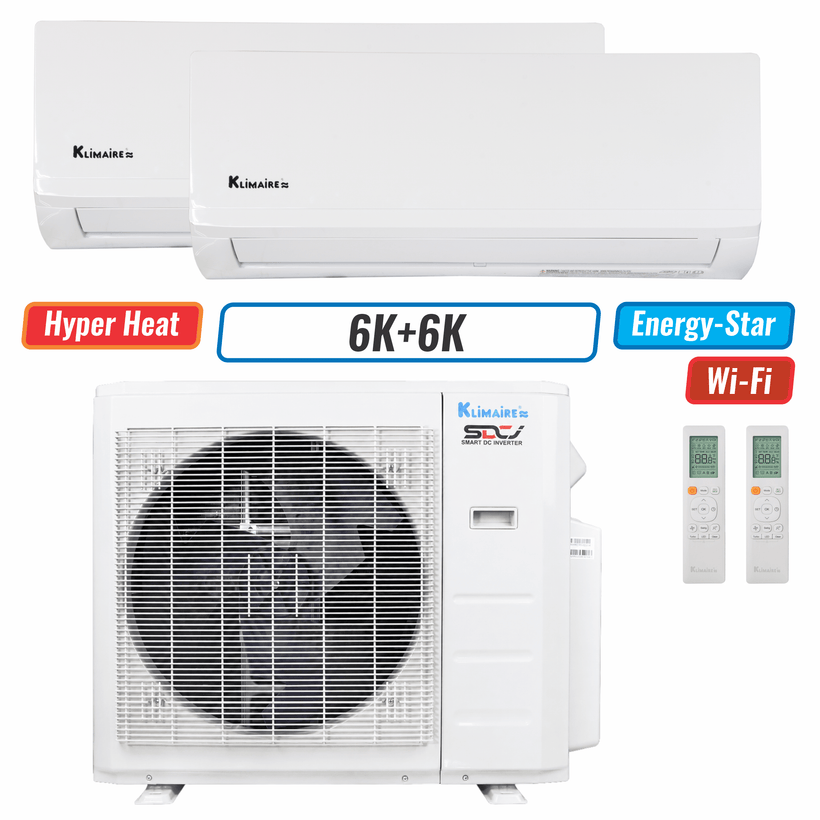 Klimaire 18,000 BTU 2-Zone Hyper Heat Wall Mounted Mini Split Heat Pump | 23 SEER2 | 6k + 6k | R45B