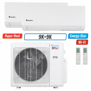 Klimaire 18,000 BTU 2-Zone Hyper Heat Wall Mounted Mini Split Heat Pump | 23 SEER2 | 9k + 9k | R45B