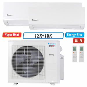 Klimaire 26,000 BTU 2-Zone Hyper Heat Wall Mounted Mini Split Heat Pump | 23 SEER2 | 12k + 18k | R45B
