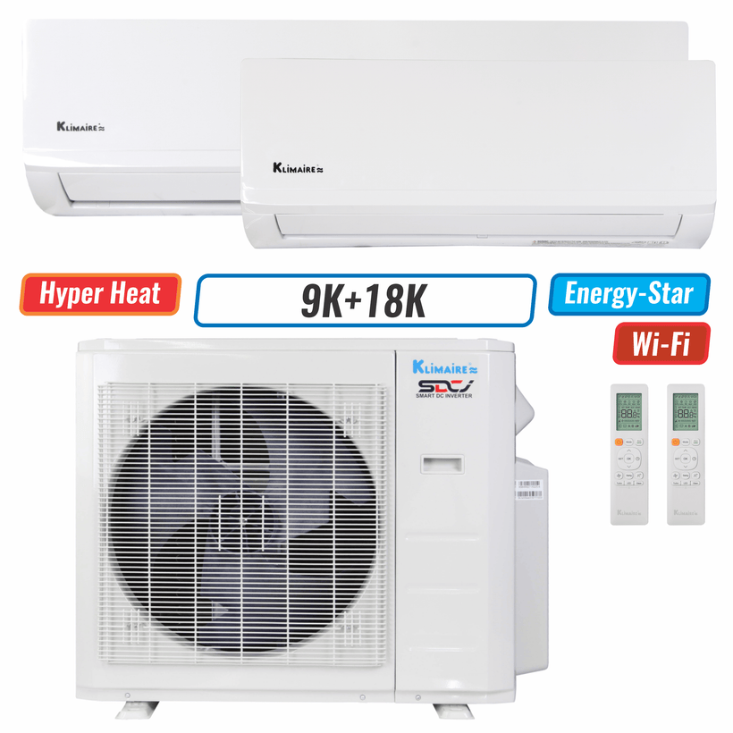 Klimaire 26,000 BTU 2-Zone Hyper Heat Wall Mounted Mini Split Heat Pump | 23 SEER2 | 9k + 18k | R45B