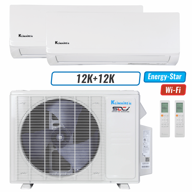 Klimaire 18,000 BTU 2-Zone Wall Mounted Mini Split Heat Pump | 23 SEER2 | 12k + 12k | R454B