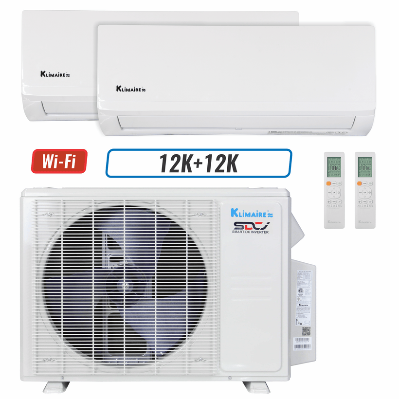 Klimaire 18,000 BTU 2-Zone Wall Mounted Mini Split Heat Pump | 23 SEER2 | 12k + 12k | R454B