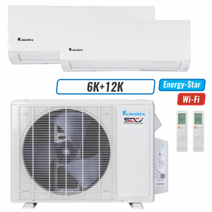 Klimaire 18,000 BTU 2-Zone Wall Mounted Mini Split Heat Pump | 23 SEER2 | 6k + 12k | R454B
