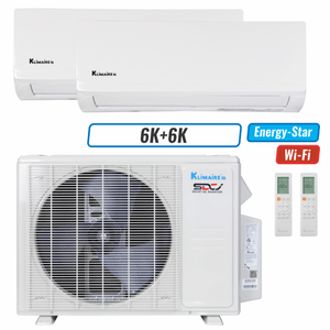 Klimaire 18,000 BTU 2-Zone Wall Mounted Mini Split Heat Pump | 23 SEER2 | 6k + 6k | R454B