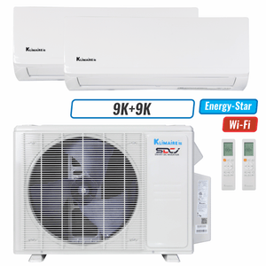 Klimaire 18,000 BTU 2-Zone Wall Mounted Mini Split Heat Pump | 23 SEER2 | 9k + 9k | R454B