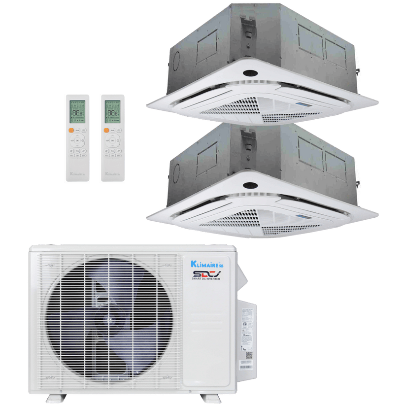 Klimaire 18,000 BTU 2-Zone Regular Heat Ceiling Cassette Mini Split Heat Pump | 23 SEER2 | 12k + 12k | R454B | KMIR