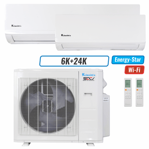 Klimaire 26,000 BTU 2-Zone Wall Mounted Mini Split Heat Pump | 23 SEER2 | 6k + 24k | R454B