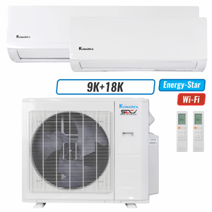 Klimaire 26,000 BTU 2-Zone Wall Mounted Mini Split Heat Pump | 23 SEER2 | 9k + 18k | R454B