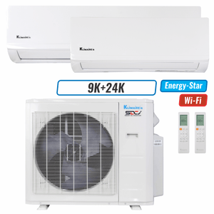 Klimaire 26,000 BTU 2-Zone Wall Mounted Mini Split Heat Pump | 23 SEER2 | 9k + 24k | R454B