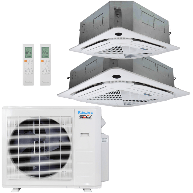 Klimaire 27,000 BTU 2-Zone Regular Heat Ceiling Cassette Mini Split Heat Pump | 23 SEER2 | 9k + 24k | R454B | KMIR