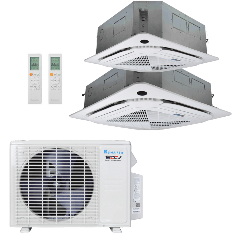Klimaire 27,000 BTU 2-Zone Regular Heat Ceiling Cassette Mini Split Heat Pump | 23 SEER2 | 9k + 18k | R454B | KMIR