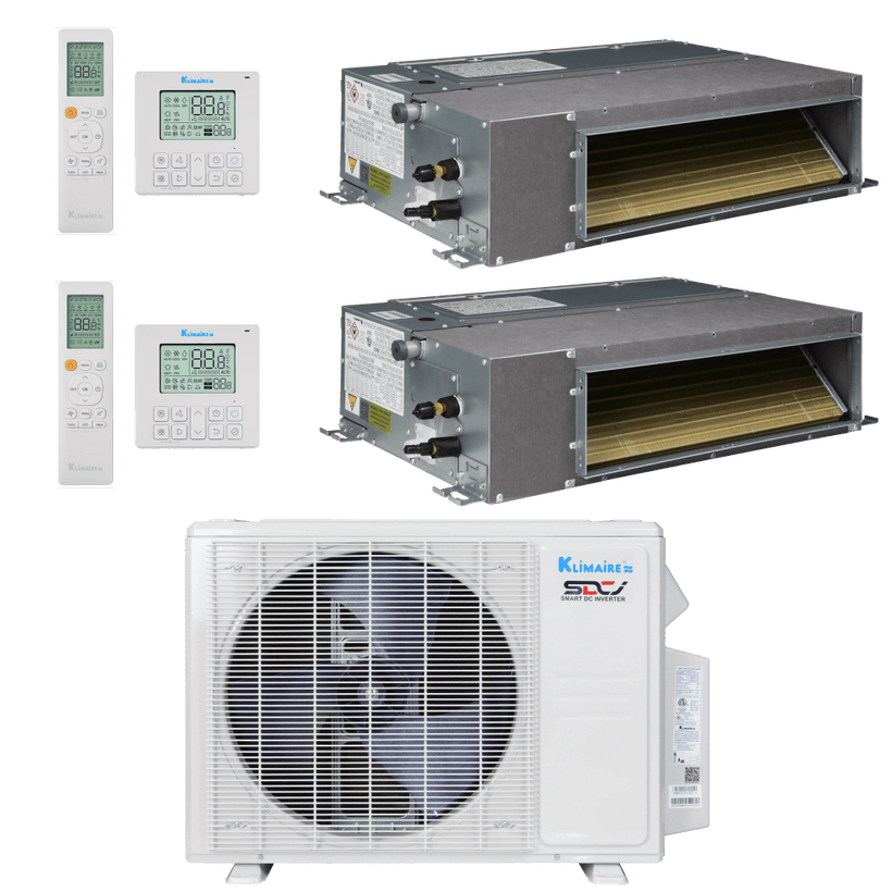 Klimaire 18,000 BTU 2-Zone Regular Heat Ceiling Ducted Mini Split Heat Pump | 20 SEER2 | 12k + 12k | R454B | KMIR