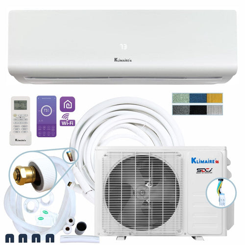 Klimaire DIY 12,000 BTU 20 SEER2 Ductless Mini Split Heat Pump Air Conditioner with 25 ft Pre-charged Installation Kit & Wi-Fi - 230V KOIQ12H2-4 + KIWQ12H2-4T + IKT1438Q25