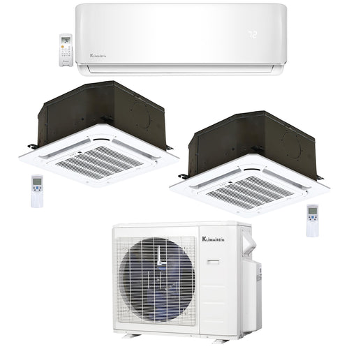 3-Zone Klimaire 23.5 SEER2 Multi Split Ceiling Cassette Wall Mount Air Conditioner Heat Pump System 9+12+12