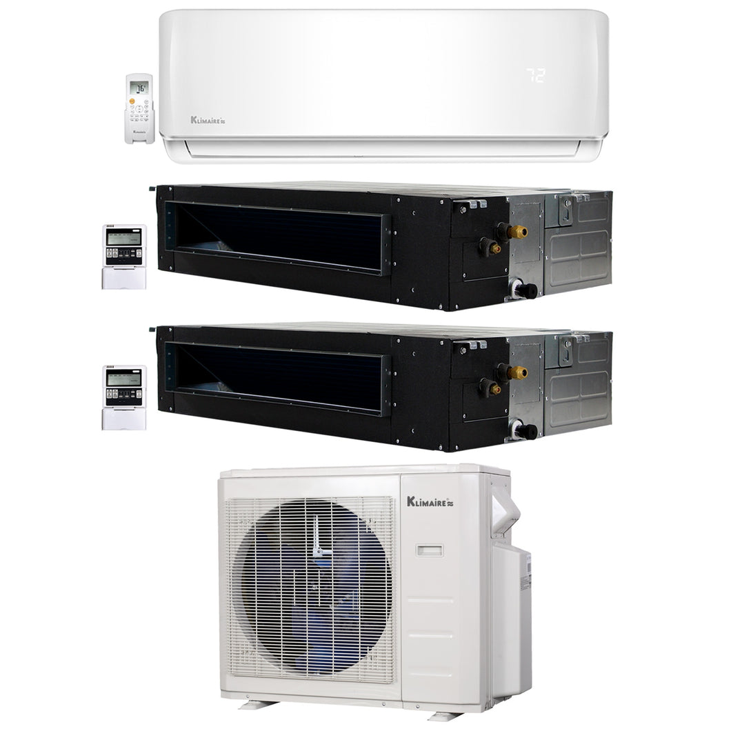 3-Zone Klimaire 22.25 SEER2 Multi Split Ducted Recessed Wall Mount Air Conditioner Heat Pump System 9+12+12