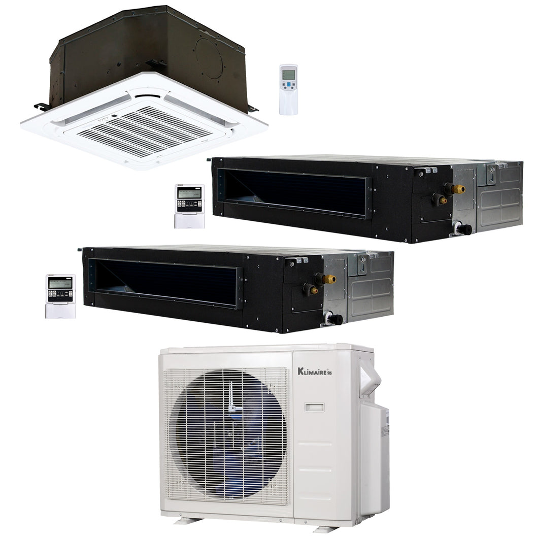 3-zone Klimaire 21.9 SEER2 Multi Split Ducted Recessed Ceiling Cassette Air Conditioner Heat Pump System 12+12+18