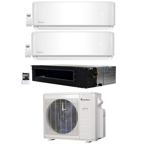 3-Zone Klimaire 22.25 SEER2 Multi Split Ducted Recessed Wall Mount Air Conditioner Heat Pump System 9+9+12