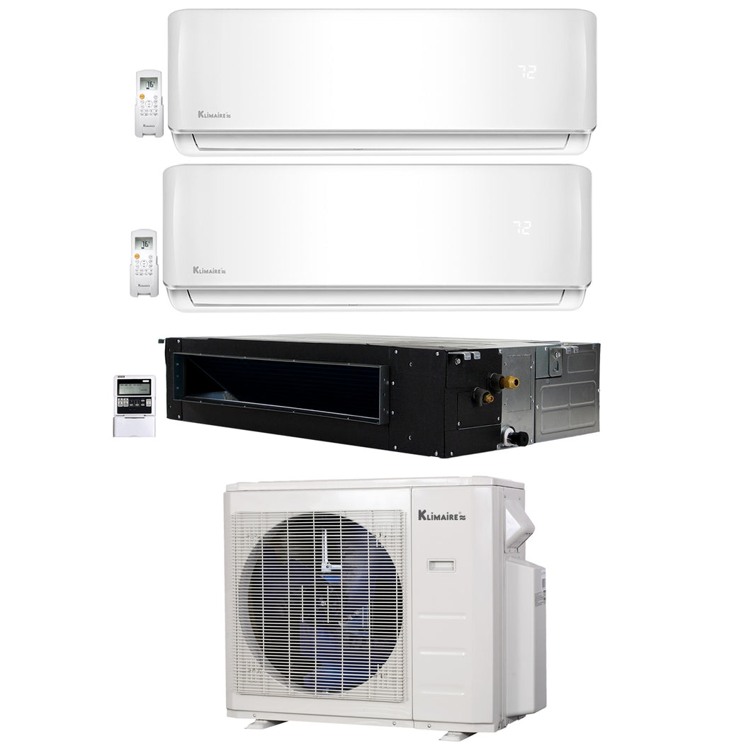 3-Zone Klimaire 21.9 SEER2 Multi Split Ducted Recessed Wall Mount Air Conditioner Heat Pump System 9+9+12