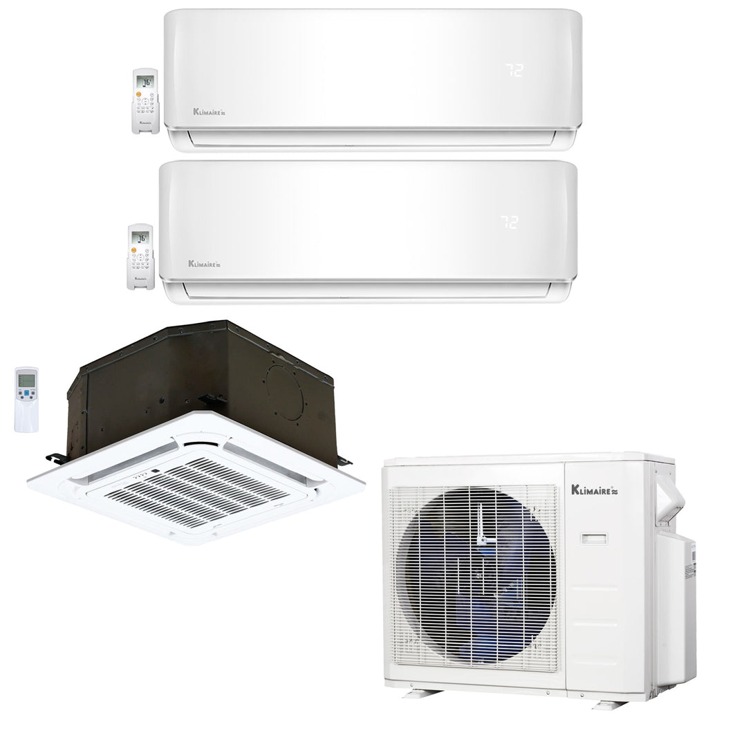 3-Zone Klimaire 23.9 SEER2 Multi Split Ceiling Cassette Wall Mount Air Conditioner Heat Pump System 12+12+12