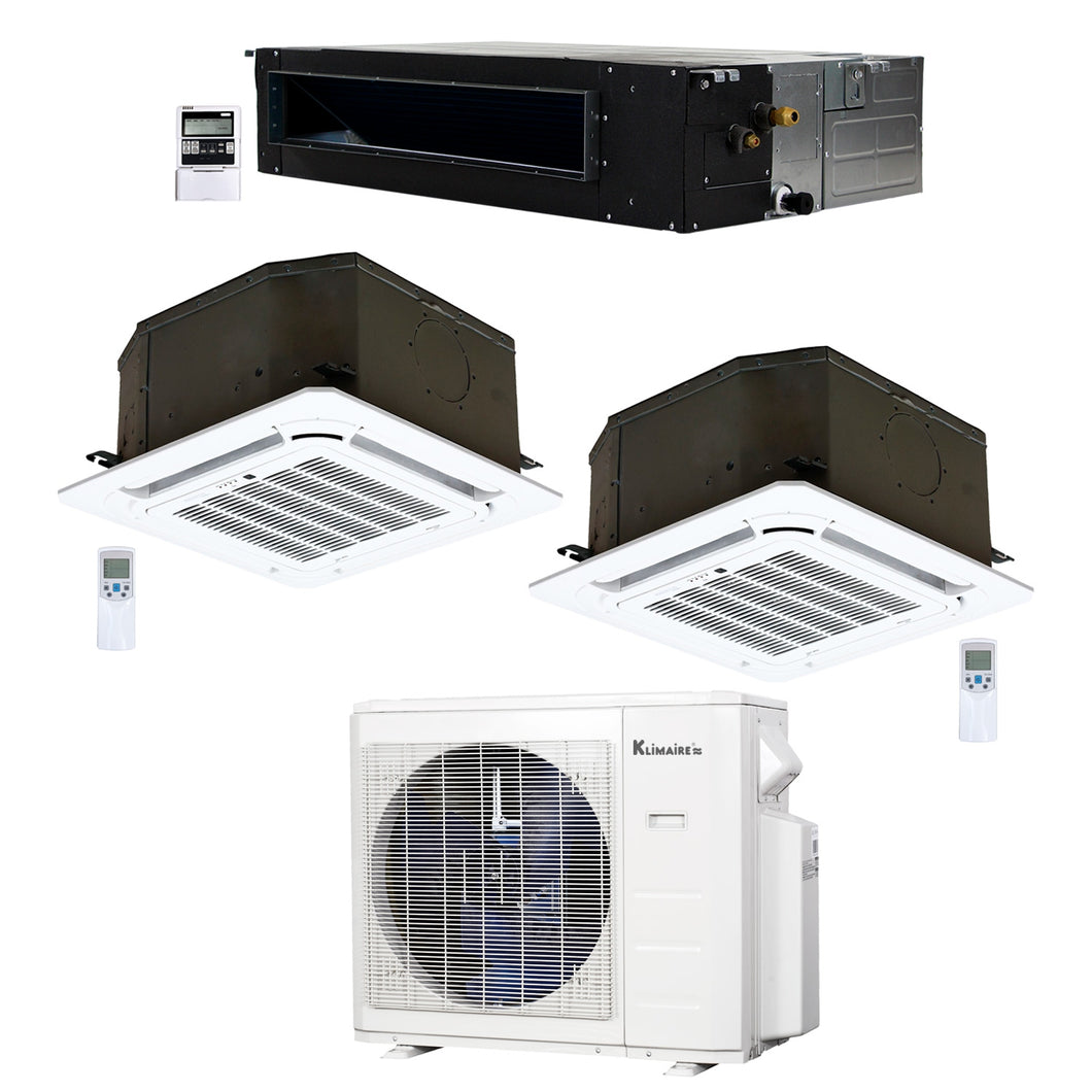 3-Zone Klimaire 23.9 SEER2 Mylti Split Ceiling Cassette Ducted Recessed Air Conditioner Heat Pump System 12+12+24