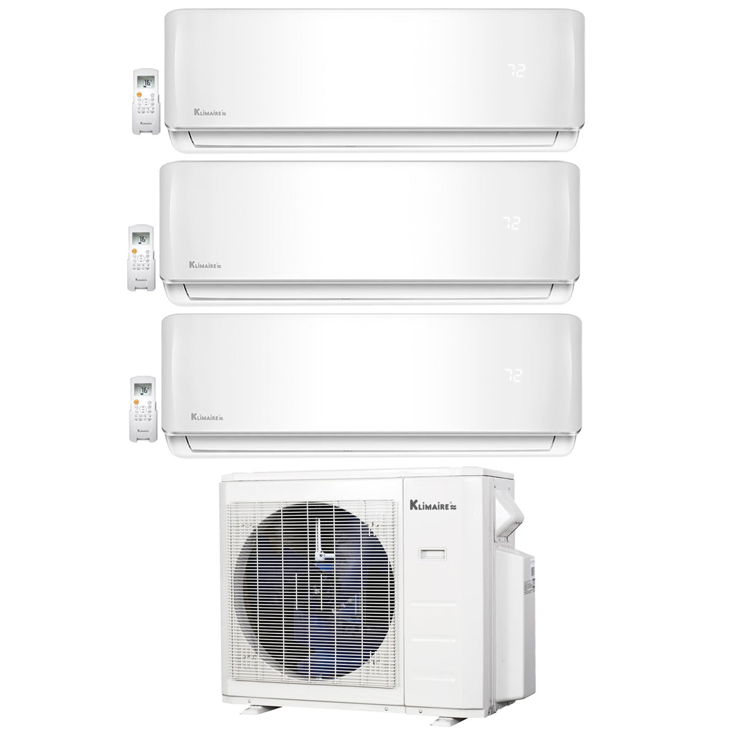 3-Zone Klimaire 24.6 SEER2 Multi Split Wall Mount Air Conditioner Heat Pump System 9+12+12