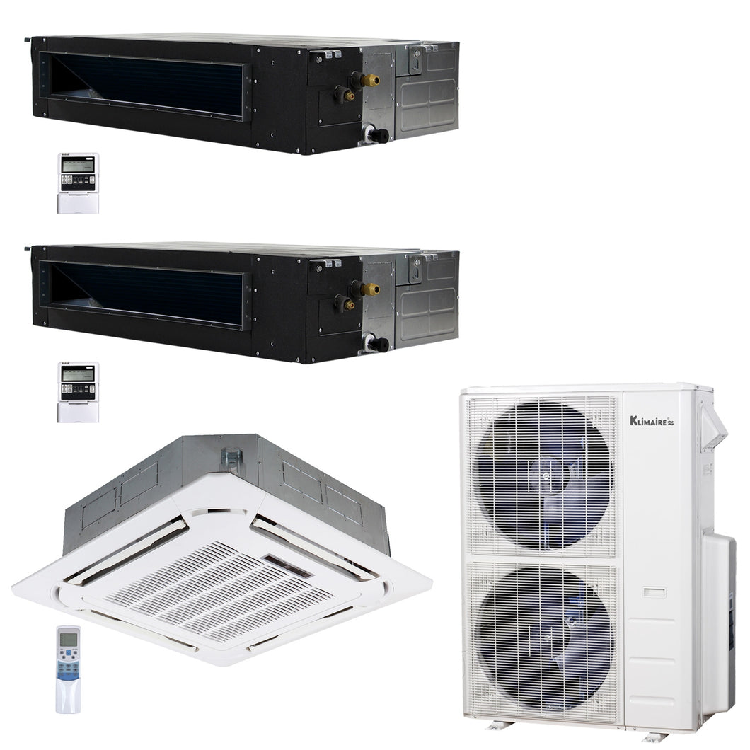 3-Zone Klimaire 21.9 SEER2 Multi Split Ducted Recessed Ceiliong Cassette Air Conditoner Heat Pump System 18+18+24