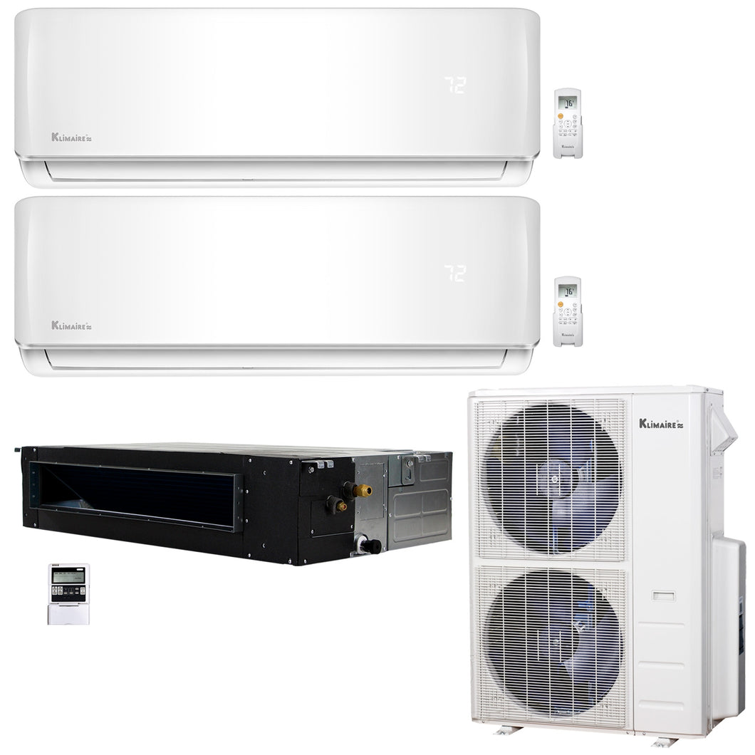 3-Zone Klimaire 21.9 SEER2 Multi Split Wall Mount Ducted Recessed Air Conditioner Heat Pump System 12+18+24