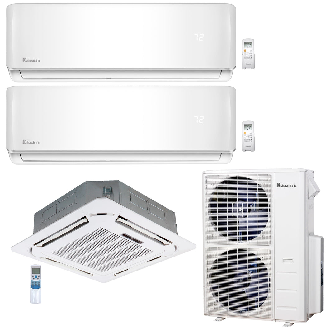 3-Zone Klimaire 21.1 SEER2 Multi Split Wall Mount Ceiling Cassette Air Conditioner Heat Pump System 12+18+24