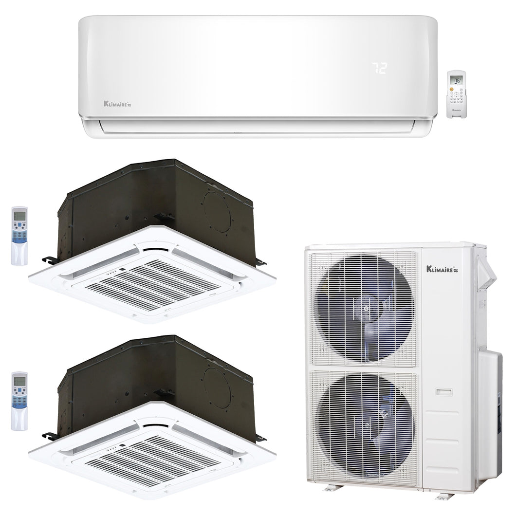 3-Zone Klimaire 23.9 SEER2 Multi Split Ceiling Cassette Wall Mount Air Conditioner Heat Pump System 12+18+24
