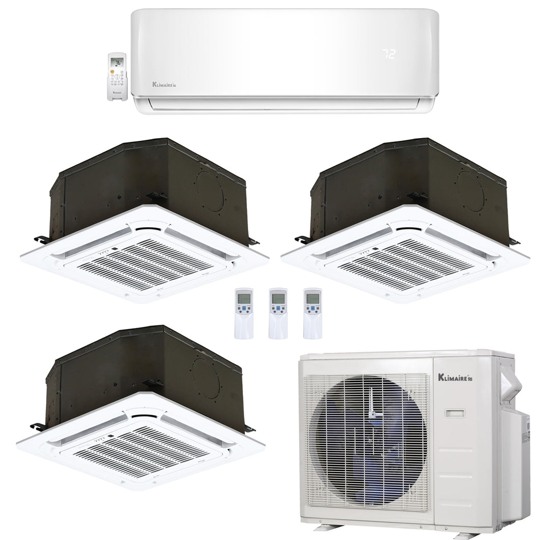 4-Zone Klimaire 23.9 SEER2 Multi Split Ceiling Cassette Wall Mount Air Conditioner Heat Pump System 12+12+12+9
