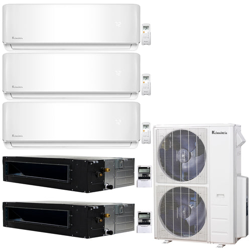 5-Zone Klimaire 20.8 SEER2 Multi Split Wall Mount Ducted Recessed Air Conditioner Heat Pump System 9+9+9+12+12