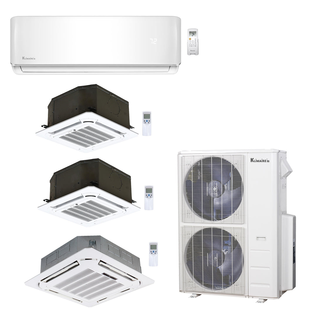 4-Zone Klimaire 23.9 SEER2 Multi Split Ceiling Cassette Wall Mount Air Conditioner Heat Pump System 9+12+12+24